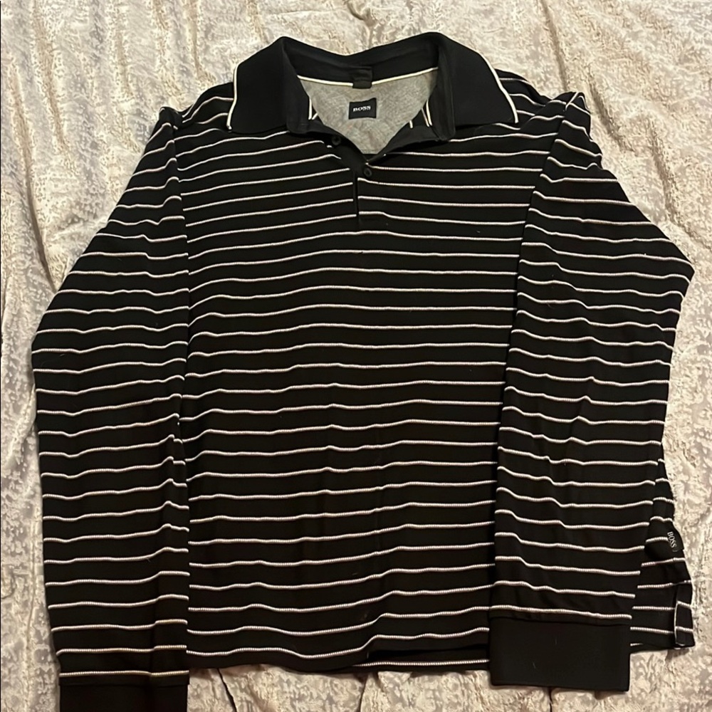 Boss Black and White Striped Polo Shirt